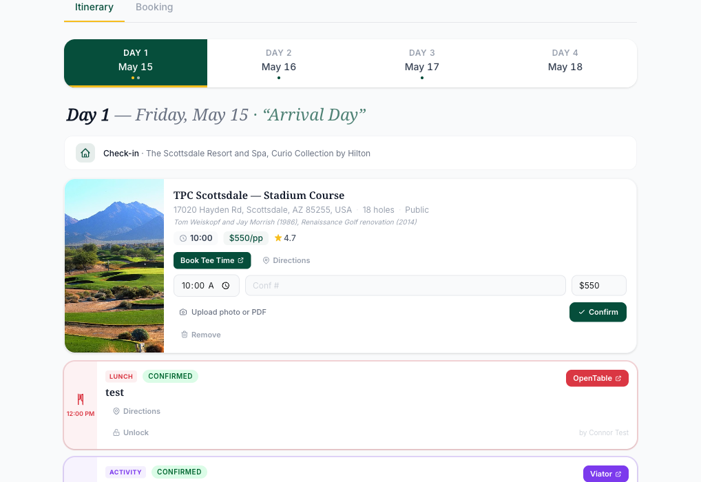 Sample itinerary showing a day with golf, lunch, and activities